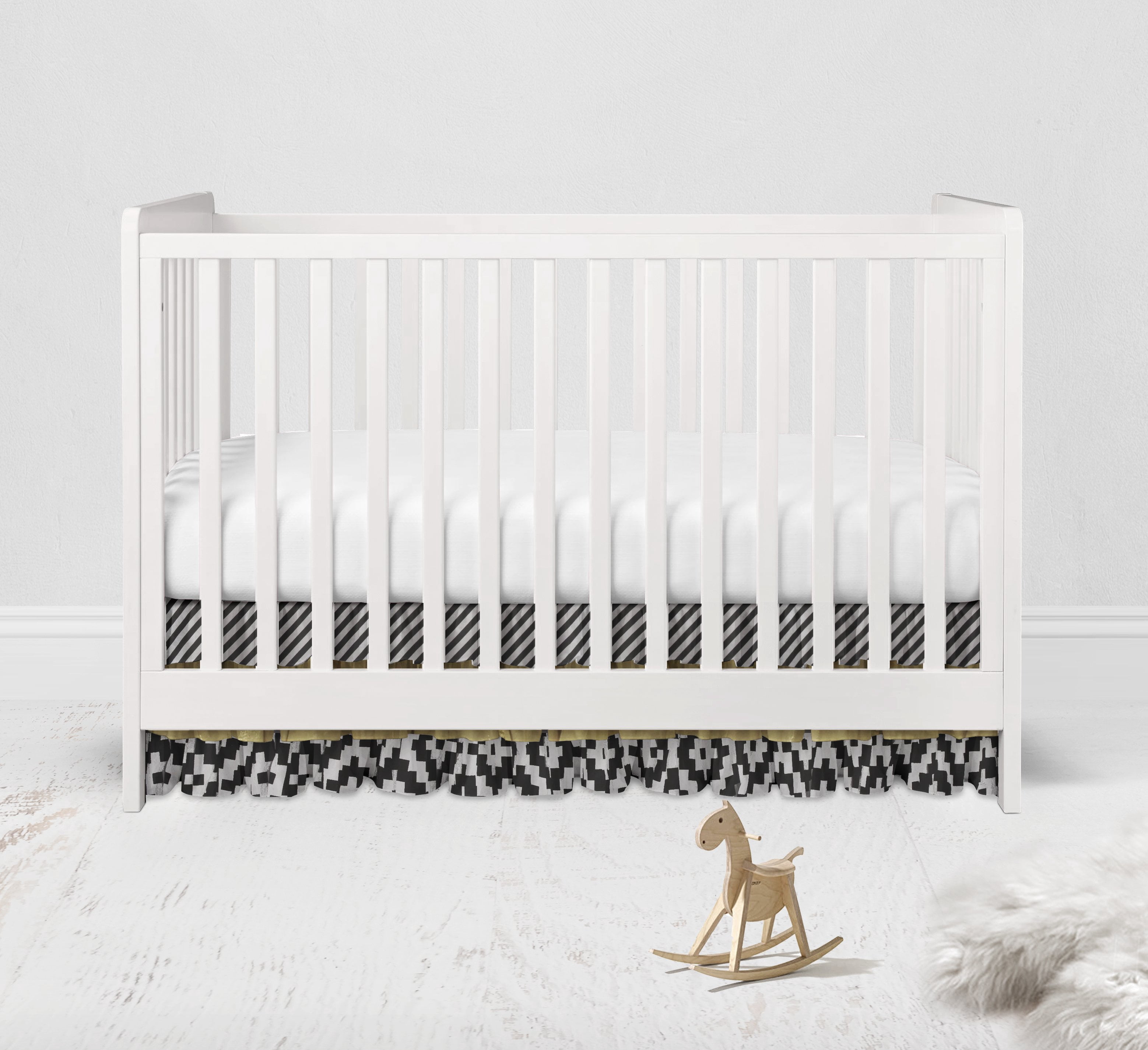 Multiple Options of Crib or Toddler Bed Skirt or Dust Ruffle 100% Cotton Percale, Aztec Love Black