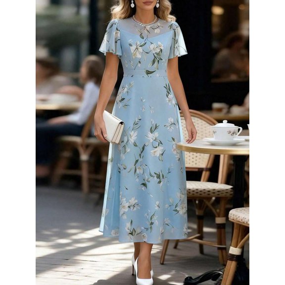 Light Blue Chiffon Floral Print Ruffle Sleeve Midi Dress For Women