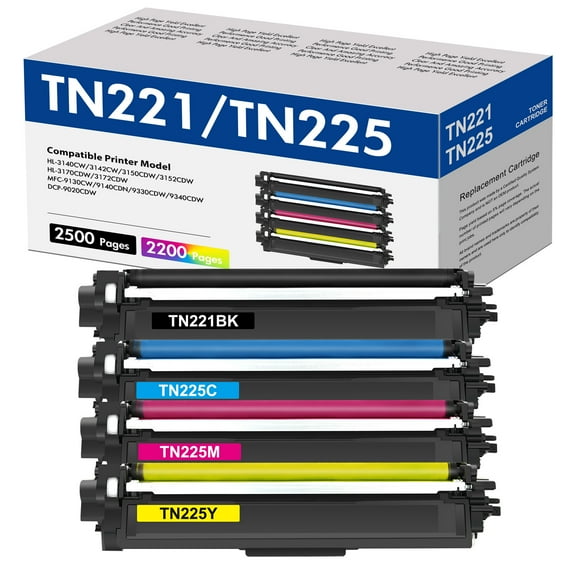 TN221 TN225 Toner Cartridge 4-Pack Compatible for Brother TN-225 TN-221 HL-3140CW 3142CW 3150CDW 3152CDW 3170CDW 3172CDW MFC-9130CW 9140CDN 9330CDW 9340CDW DCP-9020CDW Printer Ink