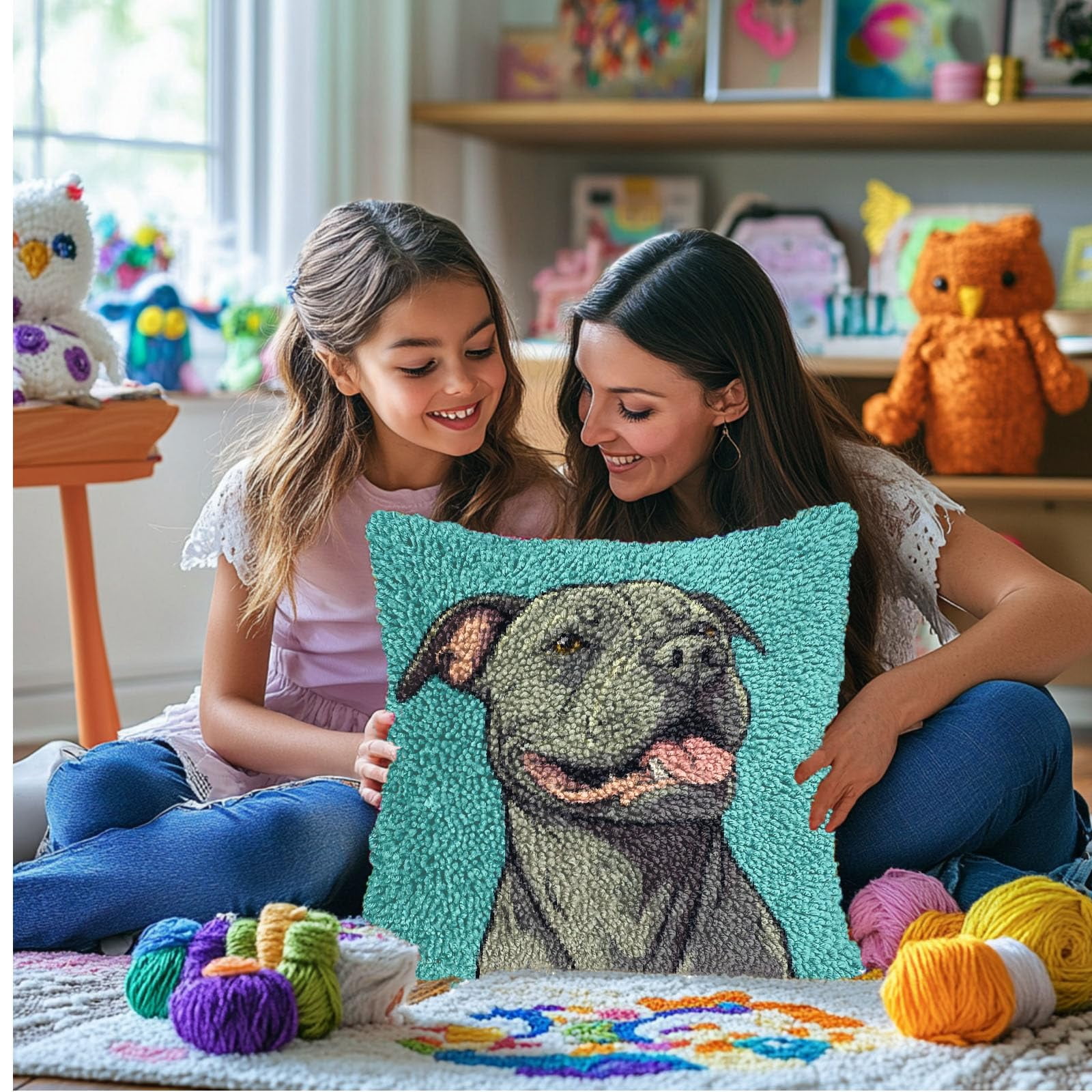 DIY Latch Hook Pillow Kits for Adults Cartoon Pitbull Dog Printed Pillowcase Crochet Yarns Hooking Handmade Pillow Cover Cushion for Home Sofa Decoration 17x17inch-9