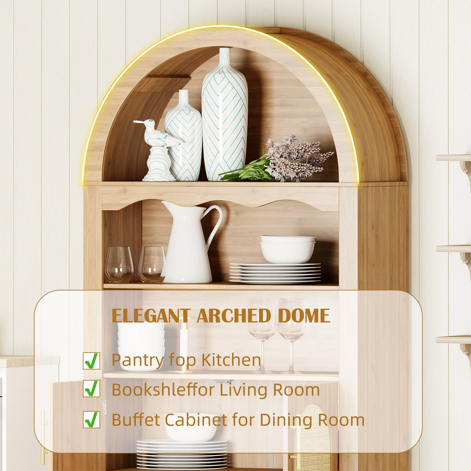 LAZZO 63" Arched Pantry Cabinet, Storage Cupboard with Anti-Tipping Device, Natural Wood Color