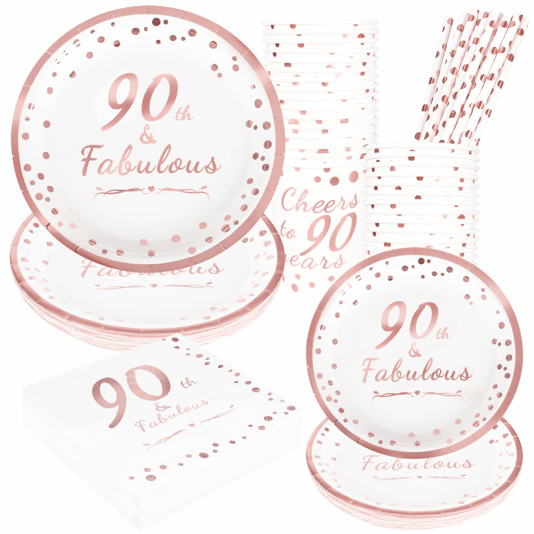 90th Birthday Rose Gold Party Plates and Napkins Set, Disposable