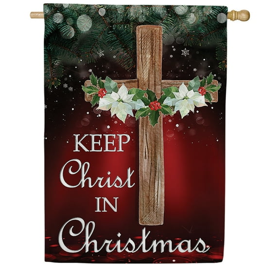 America Forever Keep Christ In Christmas Cross House Flag, 28 x 40 inch Double Sided, Wooden Cross Poinsettias Holly Banner, Religious Holiday Outdoor Decor, Christmas Yard Decorations Flag