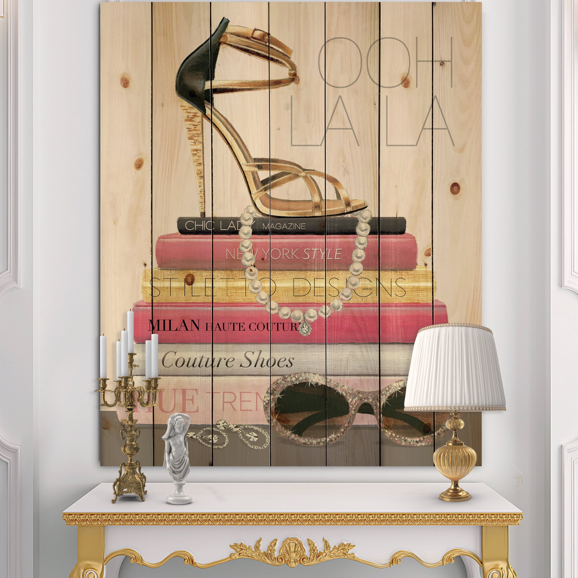 Designart 'Glamourous Paris Gold Style II' Fashion Print on Natural Pine Wood