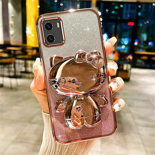 3D Plating Hello Kitty Makeup Mirror Bracket Case For iPhone 15 14 13 12 Mini 11 Pro Max XR XS MAX X 8 7 6 6S PIus SE 2020 Cover RJ