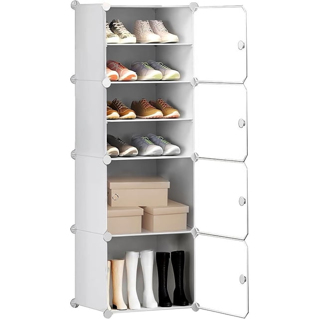 Zapatero con Tapa, Caja de Zapatos de 8 Niveles, Almacena 16 Pares, Plástico, Armario, Pasillo y Más (Blanco)
