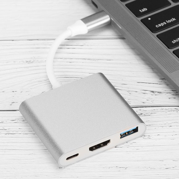 Converter Splitter, Aluminium Alloy 4K HD USB C Anti-Shaking Viewing Effect 3 In 1 Type-c Adapter, Converter Cable, for Mice / Keyboard Silver