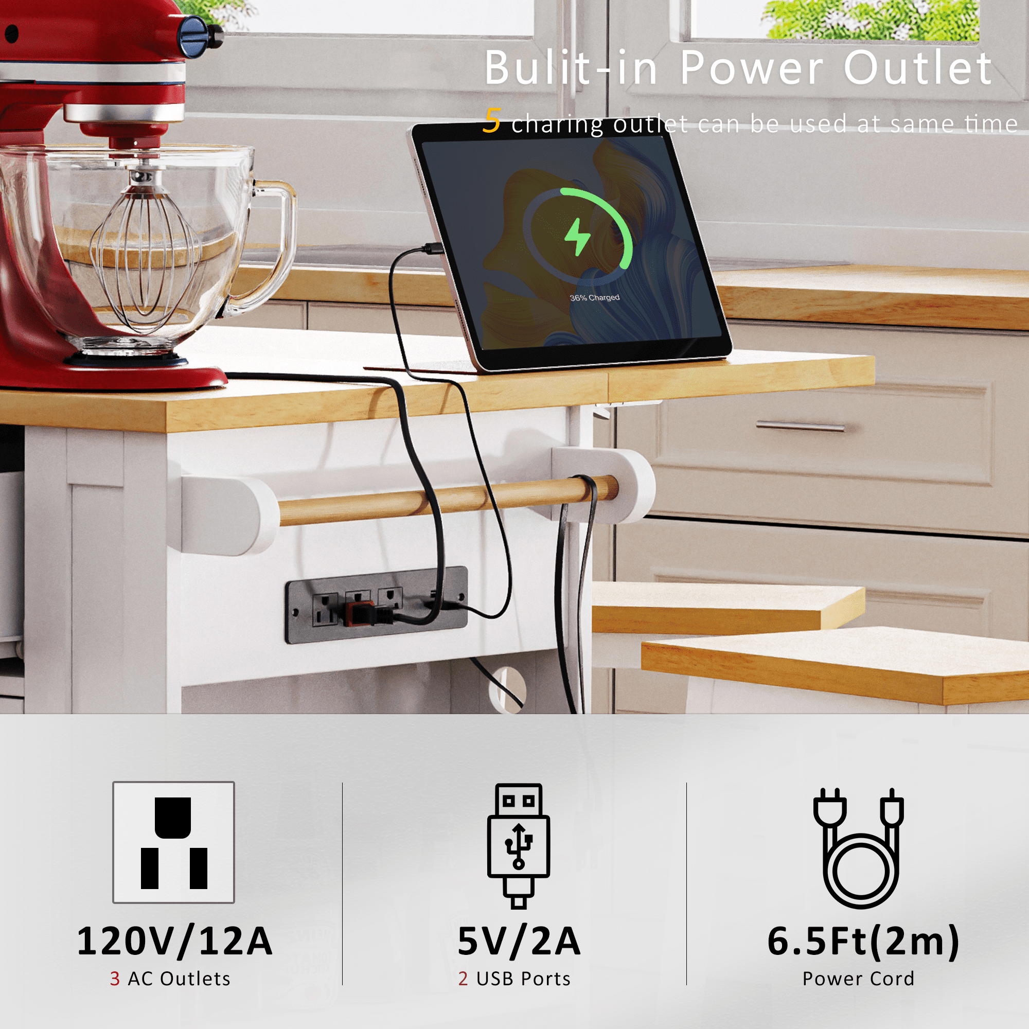 Euroco 53" Kitchen Island Cart with Power Outlet and 2 Stools, Rolling Storage Cart on Wheels with Drop Leaf, Door Internal Storage Rack  & 3 Drawers