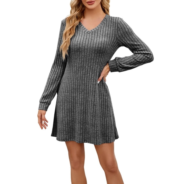 Robes d'Hiver Décontractées pour Femmes! Fadeal Nouvelle Robe Décontractée Unie à Col en V avec Poches Rayée Brossée à Manches Longues Robes d'Hiver pour Femmes Gris Foncé m