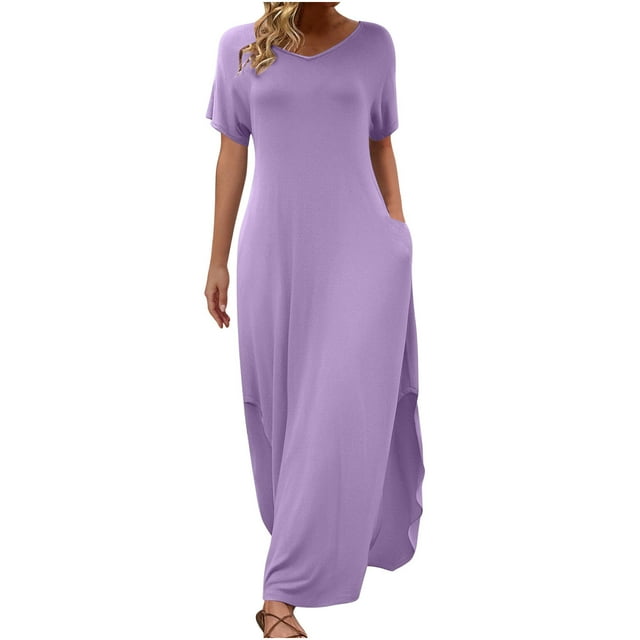 Mgmyaa Robe Maxi d'Été pour Femmes Manches Courtes Col en V Décontractée Ample Longue Plage Fendue avec Poches
