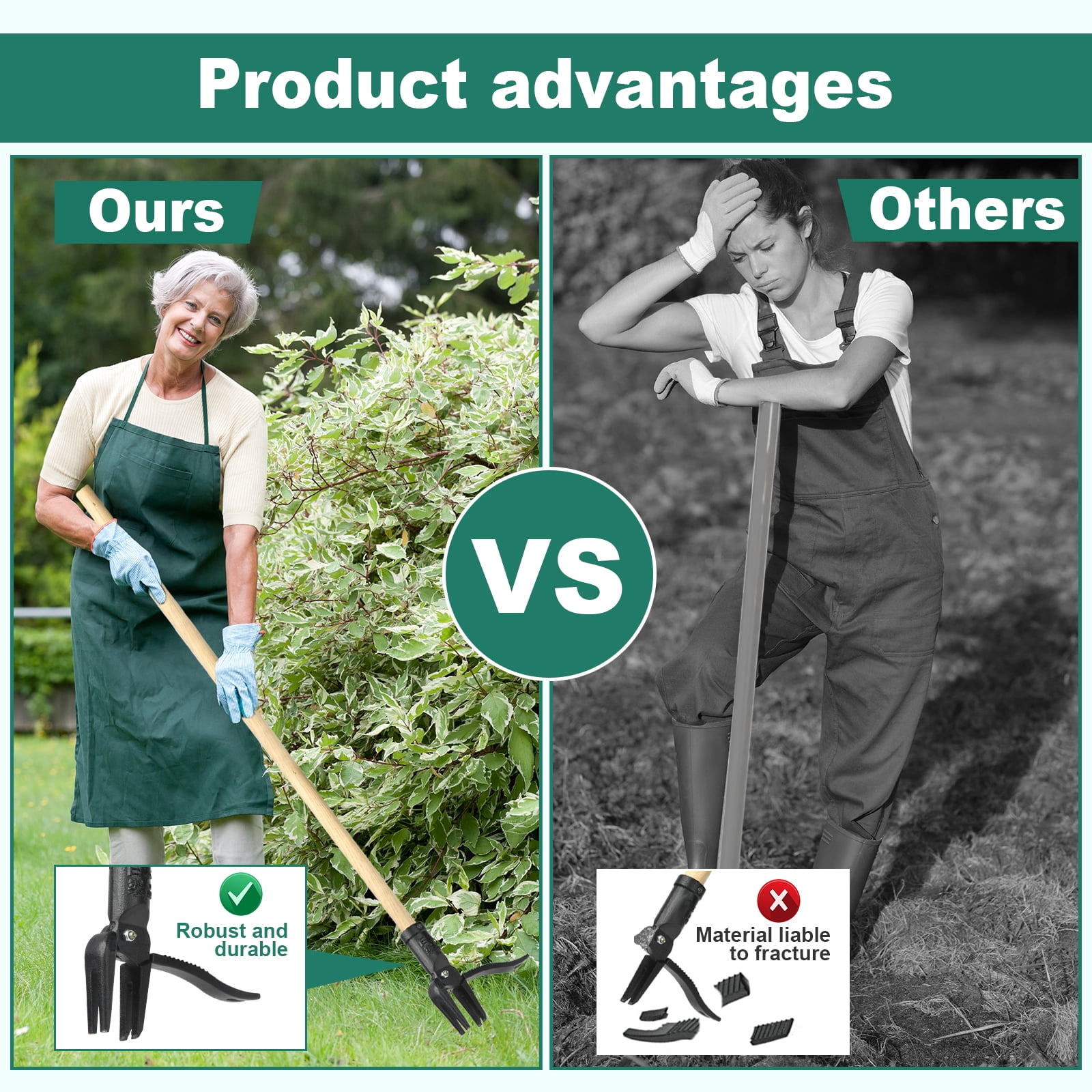 Stand up Weed Puller Tool Heavy Duty Weeding Tool with Long Wooden Handle and 4-Claw Steel Head