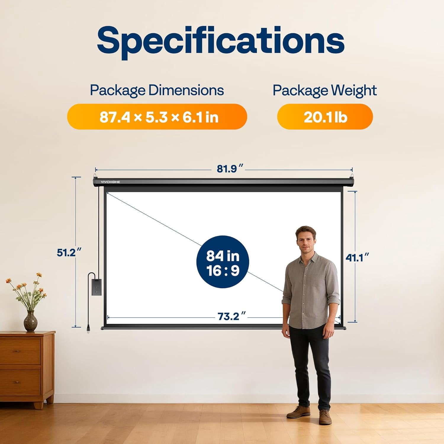 SPECSTAR Motorized Projector Screen with Remote, 16:9 84 Inch Auto Electric Projection Screen, HD 4K Movie Screen for Home Theater, Cinema, Office (73 x 41 Black)