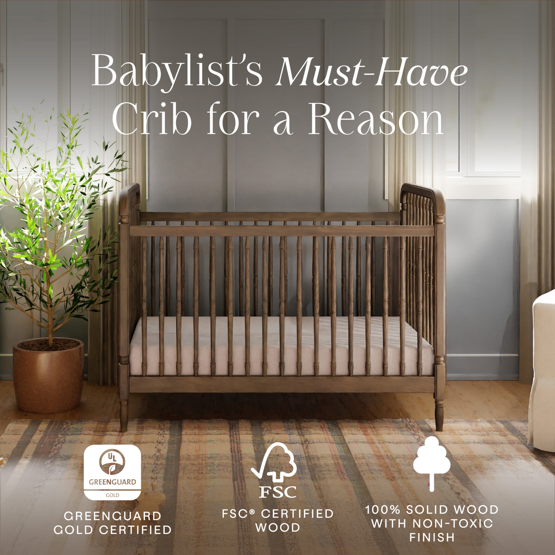 Namesake Liberty 3-in-1 Convertible Spindle Crib with Toddler Bed Conversion Kit
