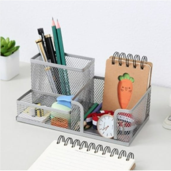 Toolix Pencil Barrel Mesh Desk Organizer Supplies Caddy With Pencil Holder And Storage Baskets For Desktop Accessories 3 Compartments