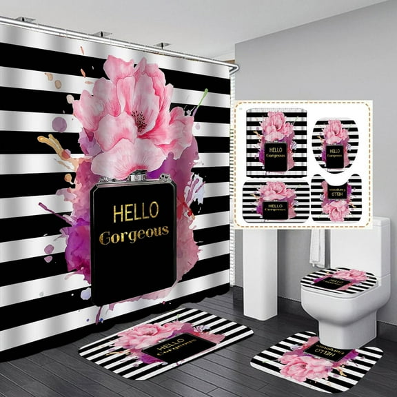 4PCS Hello Gorgeous Unicorn Eyelash Shower Curtain Set with Rugs, Luxury Diamond Gold Glitter Eyebrow Eyeshadow Makeup White Marble Glam Modern Fashion Women Bathroom Decor, Hello Gorgeous