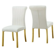 Leovanni Set of 2 Velvet Dining Chairs, Channel Tufted High Back, Gold Metal Legs, White Fabric