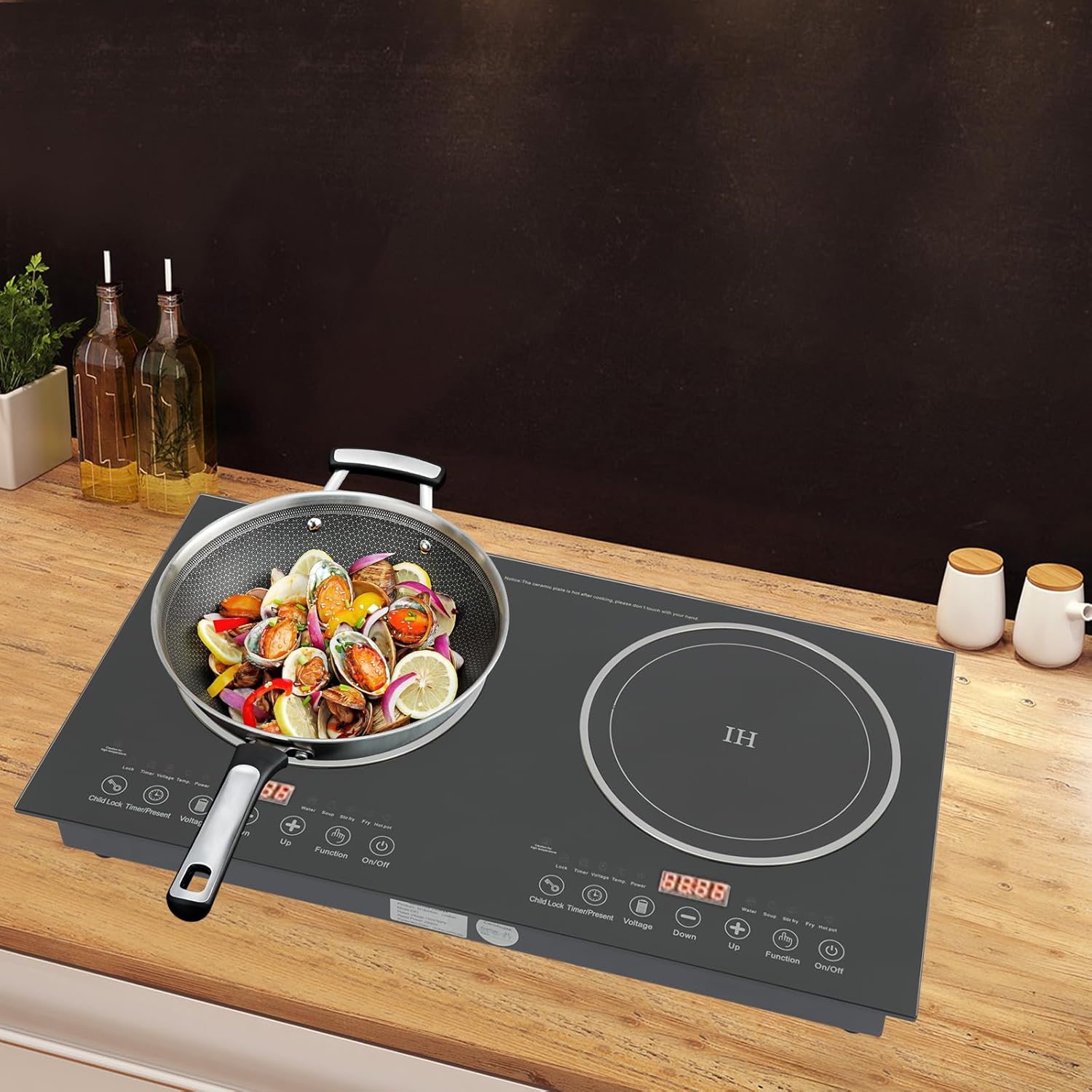 2400W Electric Stove Portable Countertop Induction Cook Top Double,Electric Hot Plate Dual Control Infrared Cook Top for Flat-Bottomed Magnetic Pans/Containers