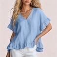 thumbnail image 4 of ClodeEU Women's V Neck Short Sleeve Blouse with Ruffle Hem, Casual Loose Fit Flowy Top Sky Blue,Women's Plus L, 4 of 6