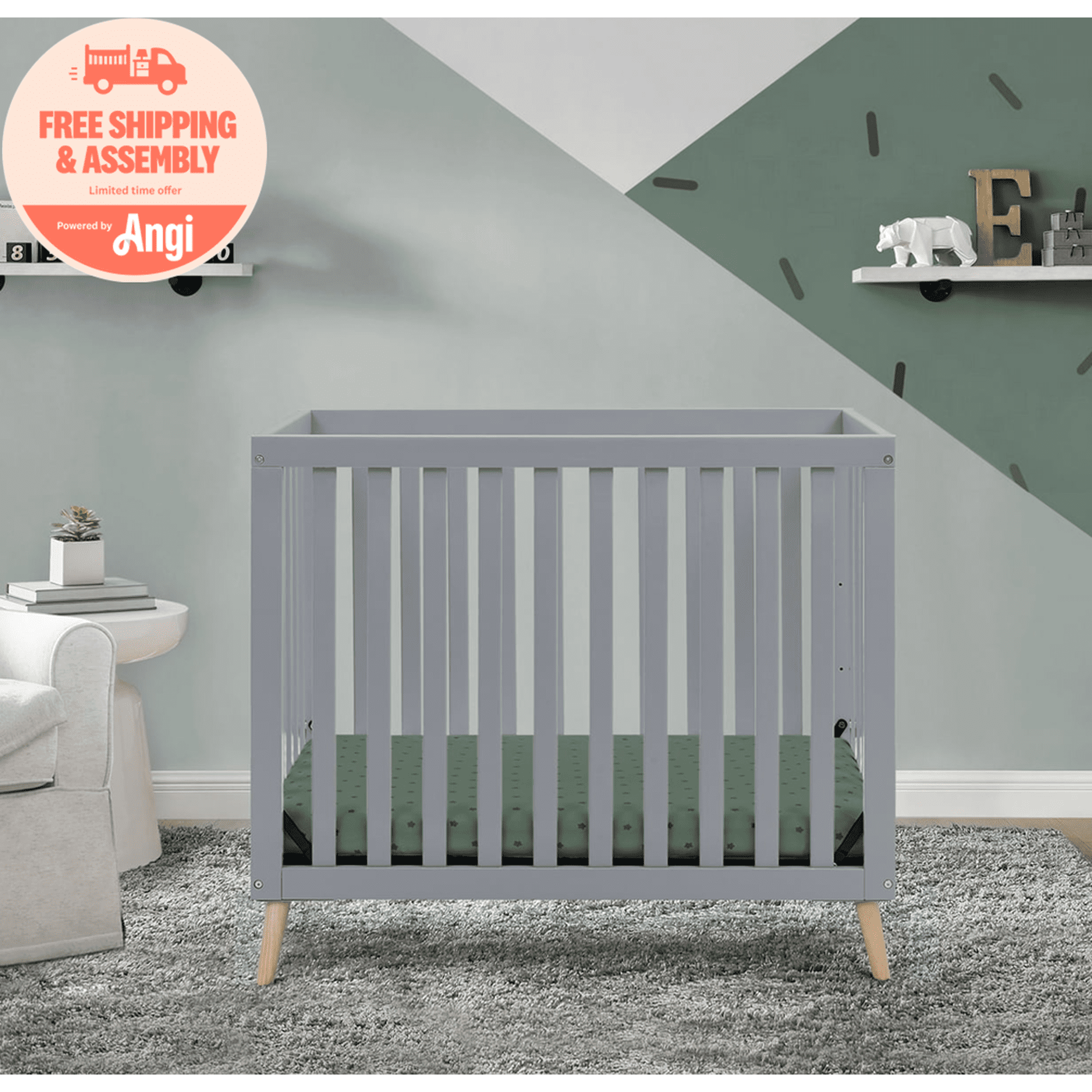 Delta Children Essex Convertible Mini Baby Crib with 2.75-Inch Mattress, Grey w/Natural