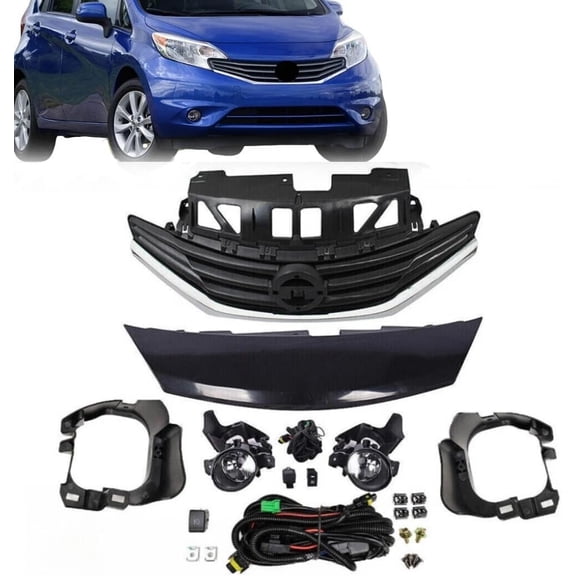 Bumper Grill W/Foglamp Kit Compatible with Nissan Versa Note SV 2014 2015 2016 Front upper Grille W/Cover & Fog Lights W/Bezel Set NI1201100 623203VY0H 261558990A 261559B91B