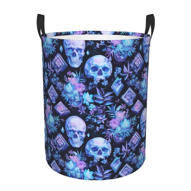 Fotbe Skull blue crystal flower Cesto de Ropa con Asas, Cesto Impermeable de Gran Capacidad, Bolsa de Lavado para Dormitorio, Cesto de Ropa con Ruedas y Asas-Small