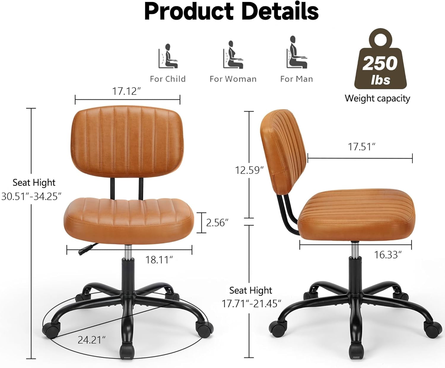 ENYLAY Small Armless Home Office Desk Chair, Ergonomic Cute Chair PU Leather with Adjustable Swivel Rolling Comfy Task Study Chair with Lumbar Support for Adult and Student, Bedroom (Brown)