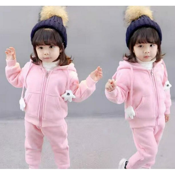Ropa de niña recién nacida Conjunto de invierno Niños Otoño e invierno Grueso Cálido Suéter con capucha informal + Pantalones Chándales de oso lindo de dibujos animadosM-90 (13M-24M) Gao Jinjia LED