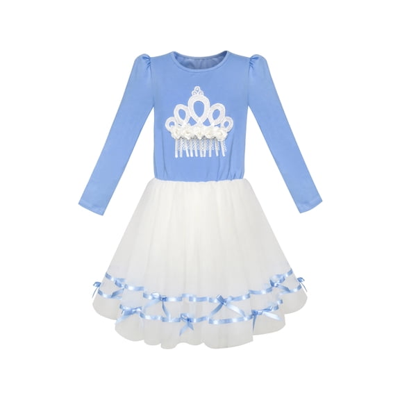 Girls Dress Long Sleeve Crown Ribbon Birthday Princess Pink Dress 7