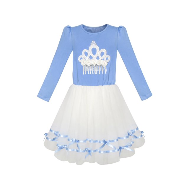 Girls Dress Long Sleeve Crown Ribbon Birthday Princess Pink Dress 5 Years