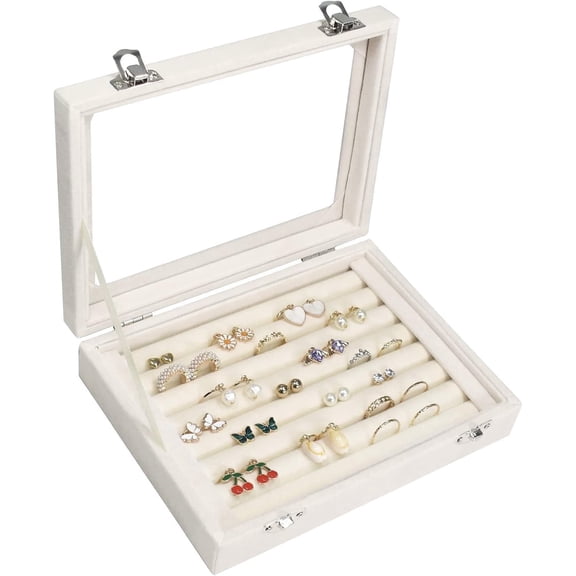 Rings Organizer Tray, Velvet Jewelry Earring Storage Box with Transparent lid for Girls Wife Mom Women, Beige
