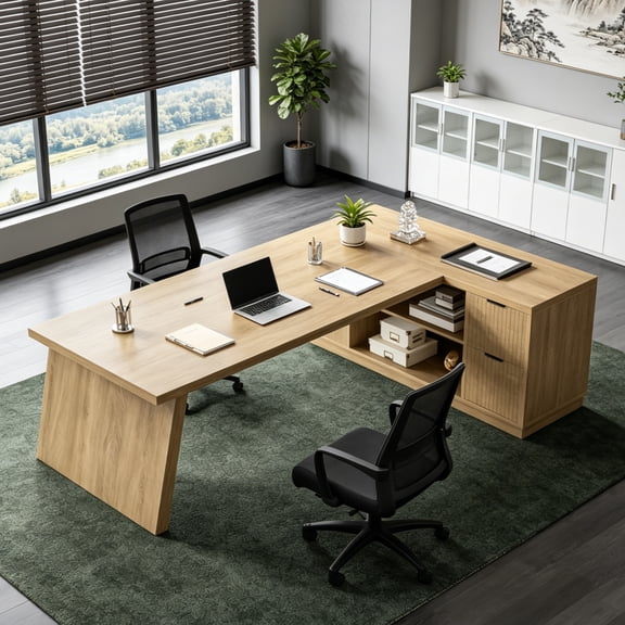 Fnova 77" Large L-Shaped Executive Office Desk with File Drawers and Storage Shelves, Modern Computer Desk Writing Desk for Home Office