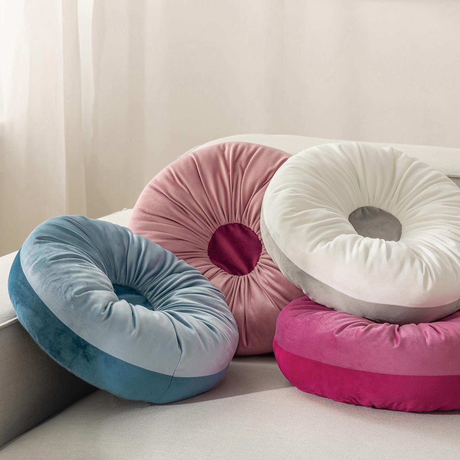 Velvet Gradient Pleated Donut Round Throw Pillow, Light Pink, 16" x 16", 1 Pack