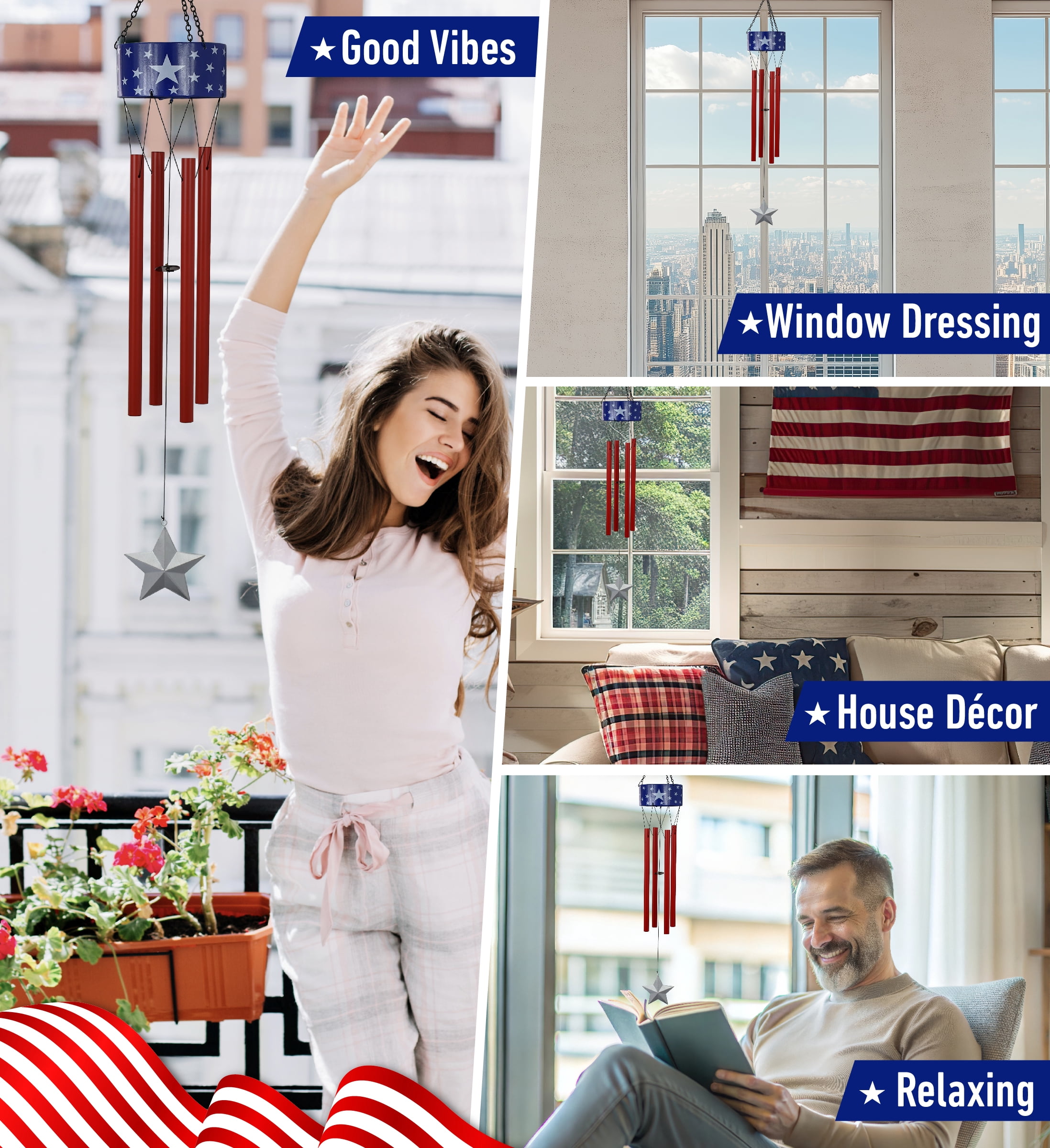 CoTa Global USA Flag Stars Wind Chime - American Flag Patriotic Indoor or Outdoor Windchime Home Decor with Hanging Bells, Handcrafted Glass and Metal Wind Chimes for Yard, Garden, Porch – 33 Inches