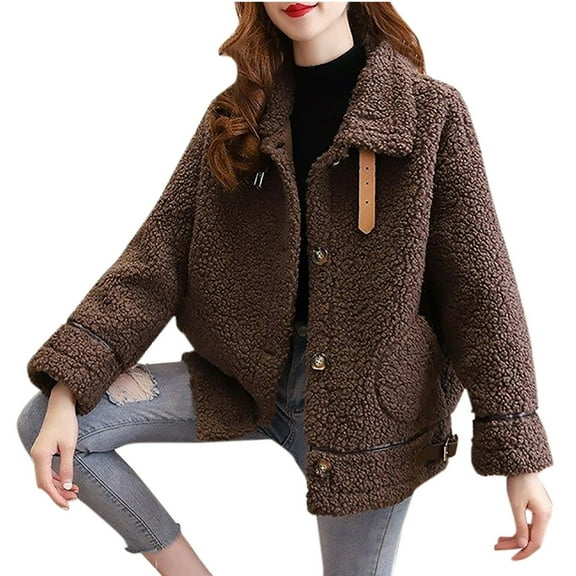 Women's Fleece Sherpa Jacket Fuzzy Lapel Button Down Shacket Jacket Warm Winter Sherpa Coat Outerwear With Pockets