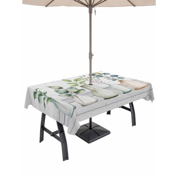 Outdoor Tablecloth with Umbrella Hole and Zipper, Bottles and Plants Rectangle Table Cloth 60x102 Inch Waterproof Tablecloth, Country Leaves Farmhouse White Wooden Grain Picnic Table Cover for Patio