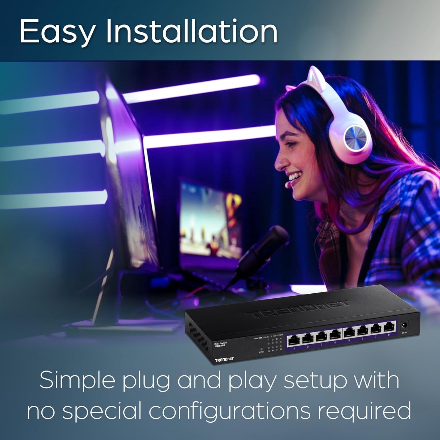 TRENDnet TEG-S380 8-Port 2.5 G Multi-Gig Unmanaged Gaming Network Switch, 40Gbps Switching Capacity, Black