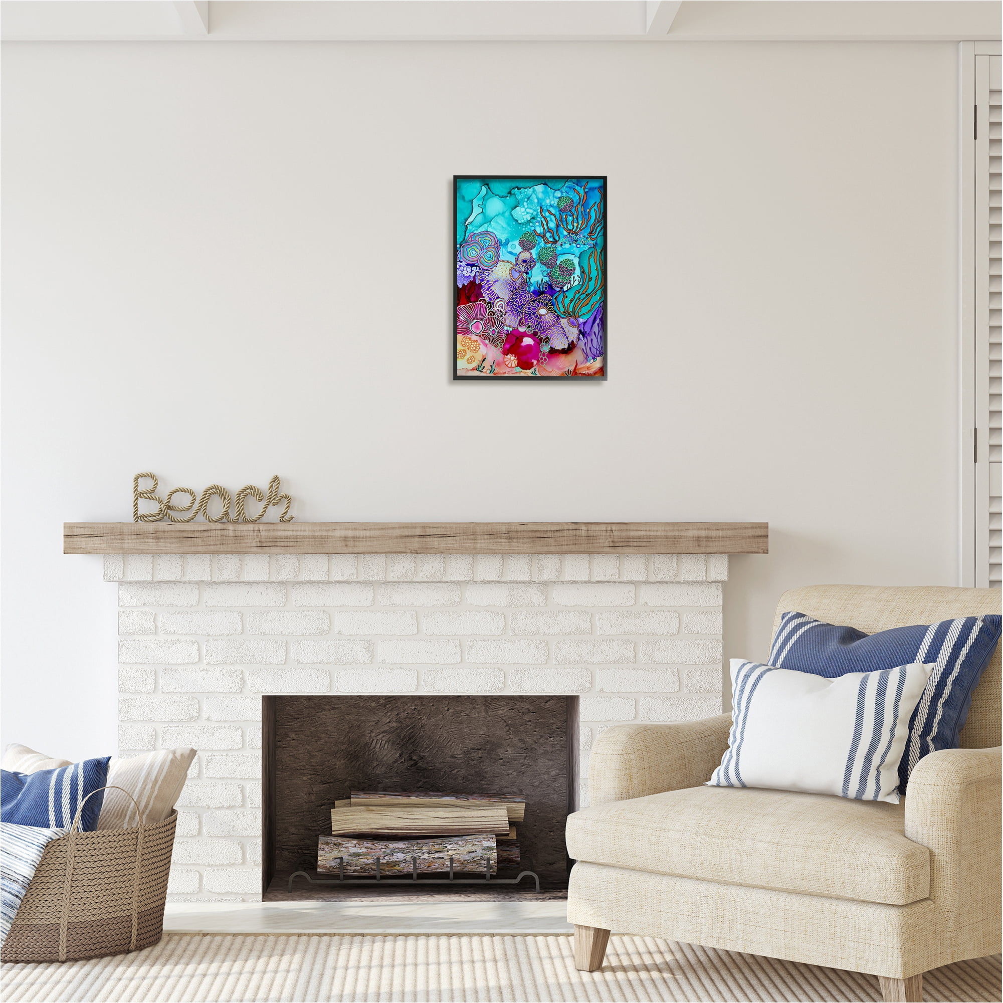 Stupell Industries Modern Coral Reef Abstract Painting Black Framed Art Print Wall Art, 16 x 20