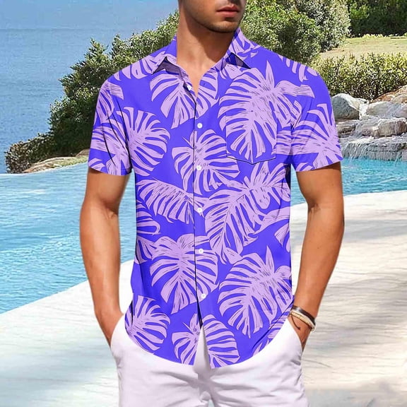 Aobny Tropical Mens Shirt Button Up Hawaiian Shirt Big & Tall Short Sleeve Polos Collared Mens Summer Shirts,Blue,L