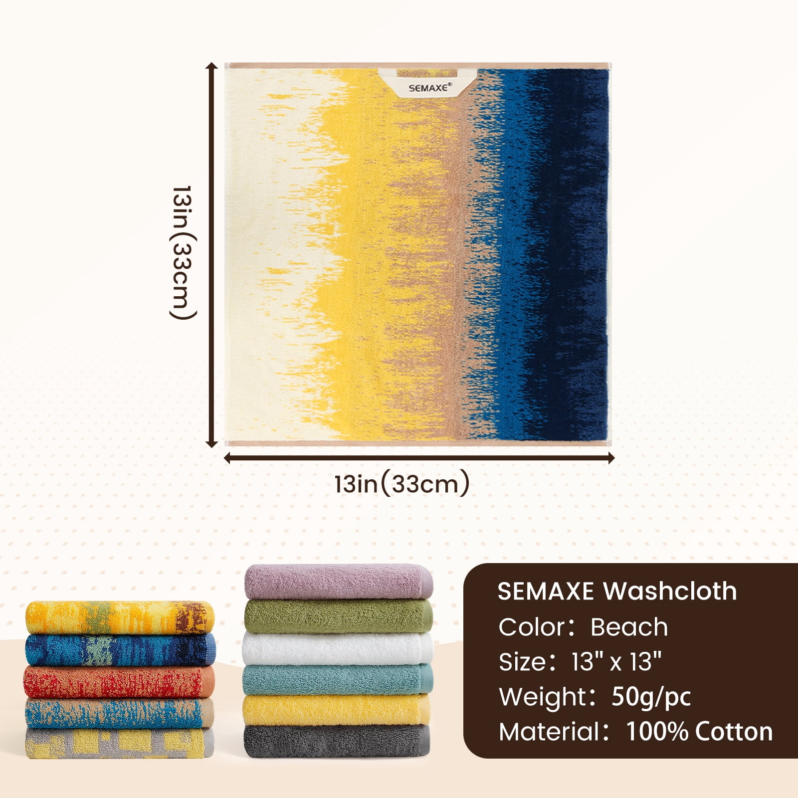 SEMAXE Washcloths 12-Pack 13x13 Inch: 100% Organic Cotton Face Towels | Ultra Soft, Quick-Dry & Super Absorbent for Bathroom, Gym, Spa & Hotel | Zero Lint, Lightweight & Bulk Pack, Pattern Beach