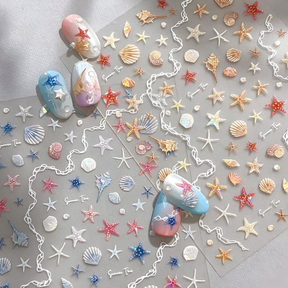 RAGUPEL Colorful Starfish Nail Stickers Summer Nail Sticker for Nail Art 5D Self-Adhesive Nail Decals Ocean Nails Supplies Design Decoration Accessories for Women and Girls 2 Sheets