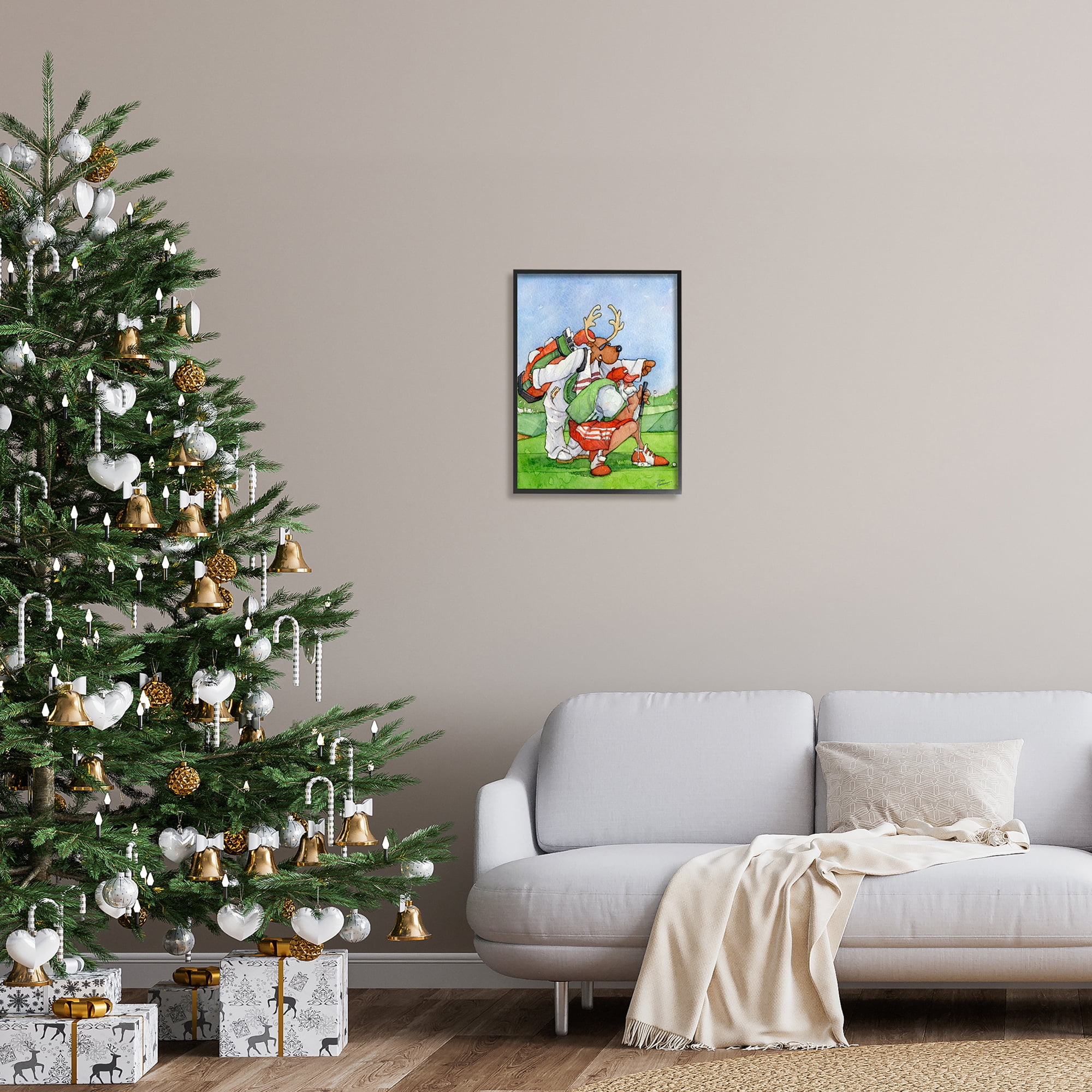 Santa Claus Off Duty Silly Reindeer Golfing Animals & Insects Painting Framed Art Print Wall Art