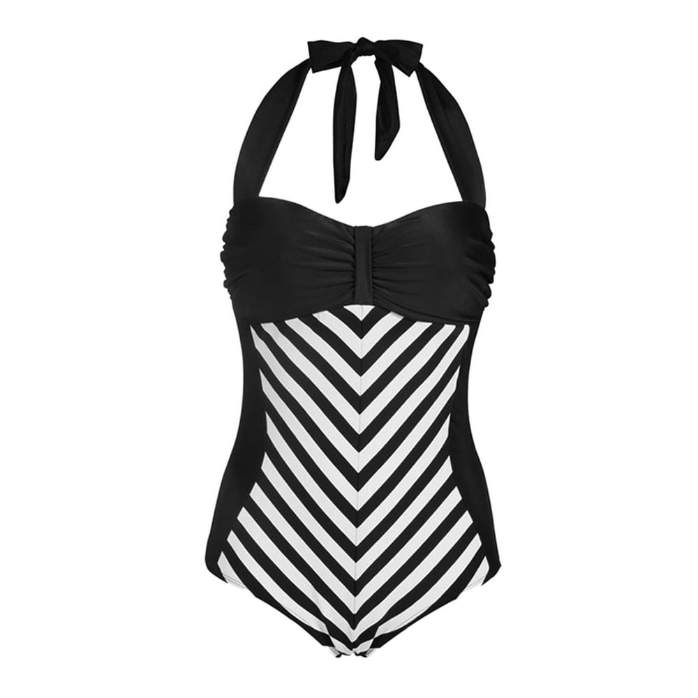 Unique Bargains - Women Vintage One-Piece Swimsuit Black Striped Halter ...