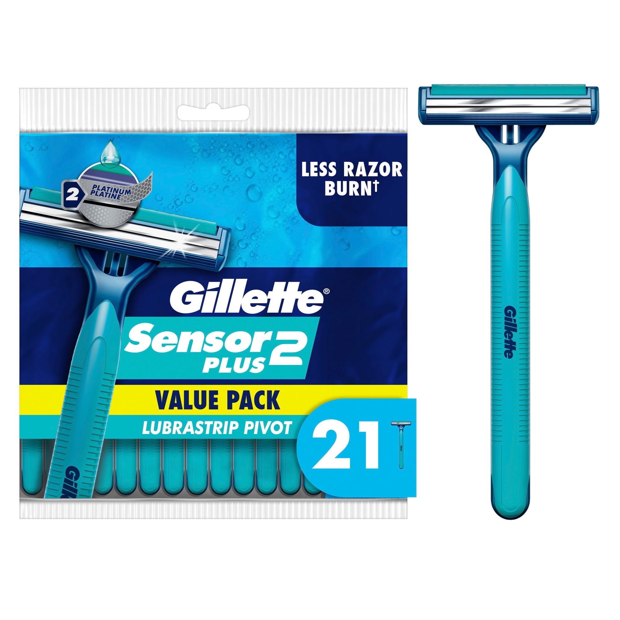 Gillette Sensor2 Plus, Pivoting Head Men's Disposable Shaving Razors with Lubrastrip, 21 Count