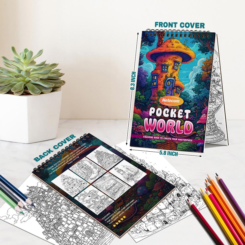 Netecom Pocket World Coloring Book Spiral Bound For Adults, A5 Wooden Cover, 30 Beautiful Coloring Pages of Miniature Landscapes for Stress Relief and Relaxation