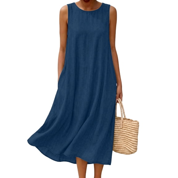Admvng Women's Casual Round Neck Dress Sleeveless Summer Everyday T-Shirt Dresses