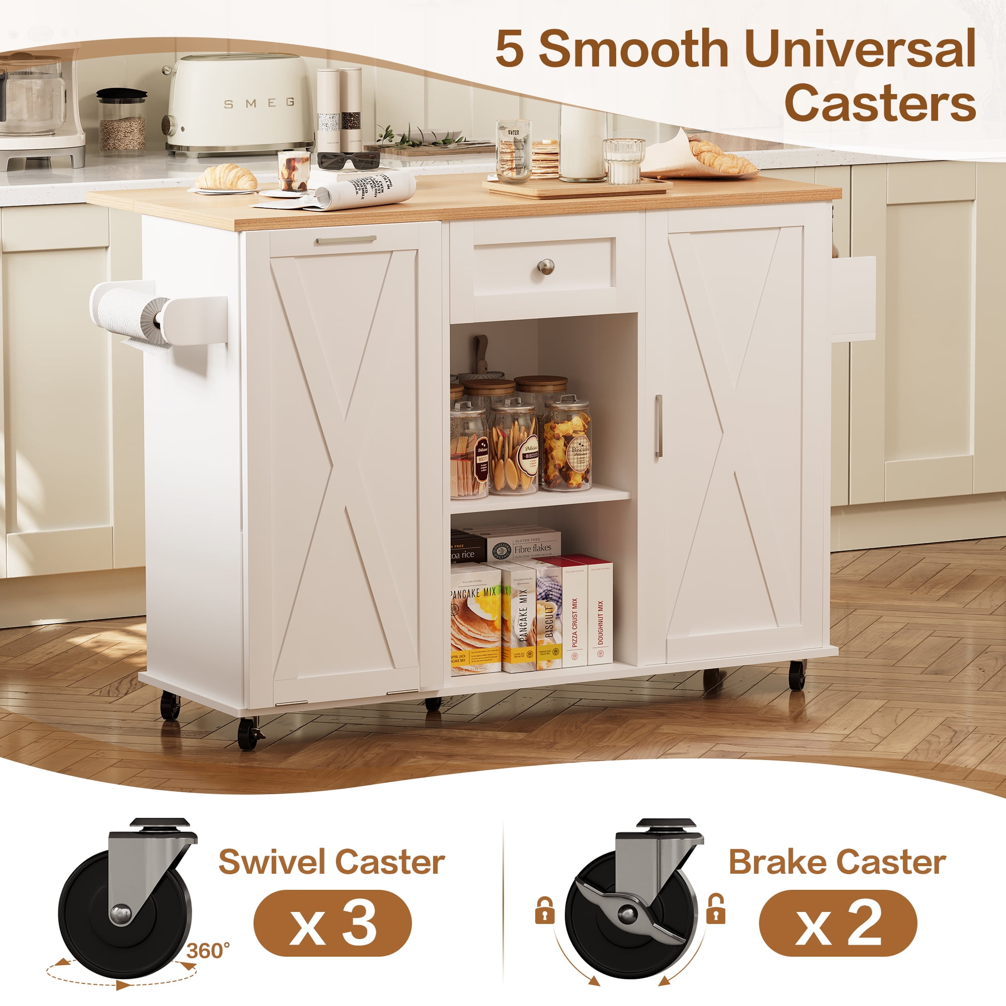 spanspace 48" Kitchen Island Cart with Drop Leaf , 10 Gallon Storage and Tilt Out Trash Can Cabinet , Portable Kitchen Island with Wheels Drawer and Adjustable Shelves for Kitchen, White
