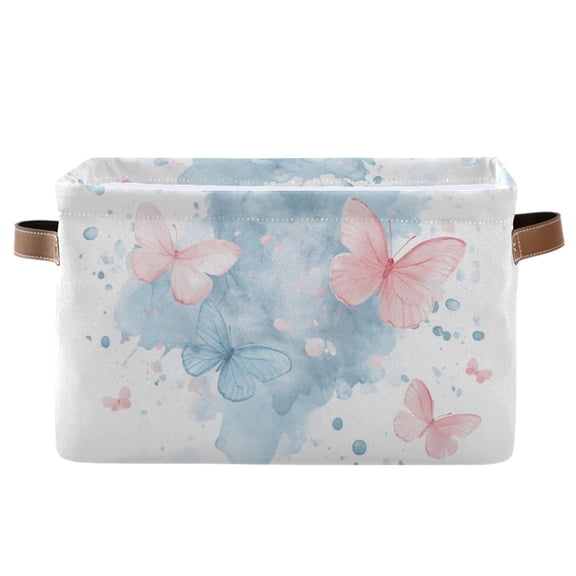 WOBOGO Pink and Blue Butterflies Square Storage Basket with Waterproof Canvas and PE Lining Durable PU Leather Handles 14.2×10.2×8.3in