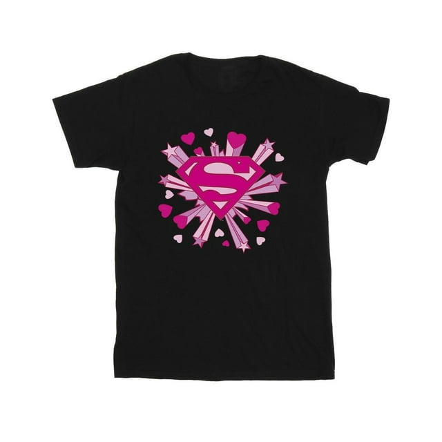 DC Comics T-Shirt en Coton pour Filles Superman Logo Cœurs et Étoiles Roses