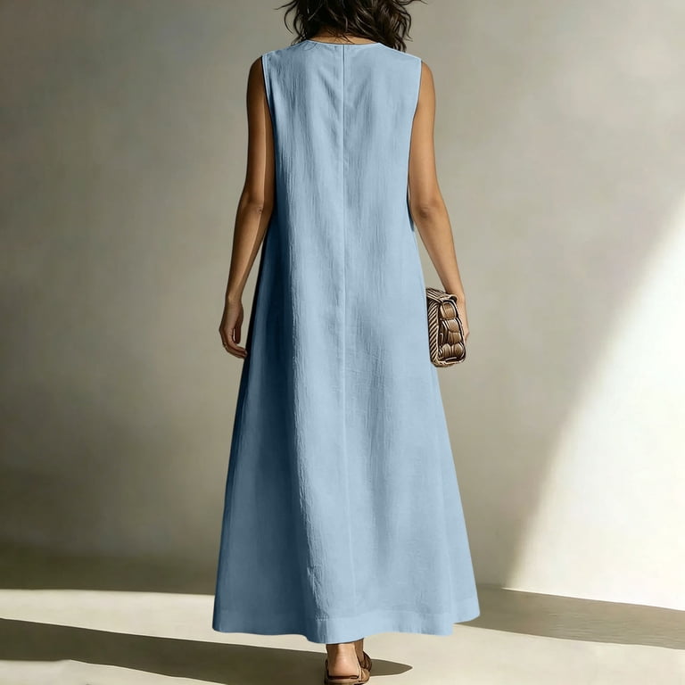 ankle length cotton summer dresses Virmaxy Summer Dresses for Women 2026 Women's Cotton Linen Maxi Dress Sleeveless V Neck Loose Fit Ankle Length Casual Summer Vacation Dress with