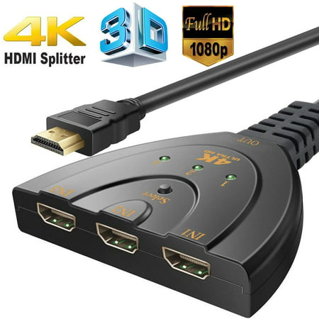 HDMI Switcher 4K,3 Port Switch With Pigtail HDMI Cable, Supports 4K, Full HD 1080p, 3D,For HDTV,PC,Projector,PS3,Xbox,STB,Blu-ray DVD Players,4k